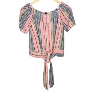 Drew Linen Blend Pastel Stripe Button Down Crop Top Small Front Tie Short Sleeve